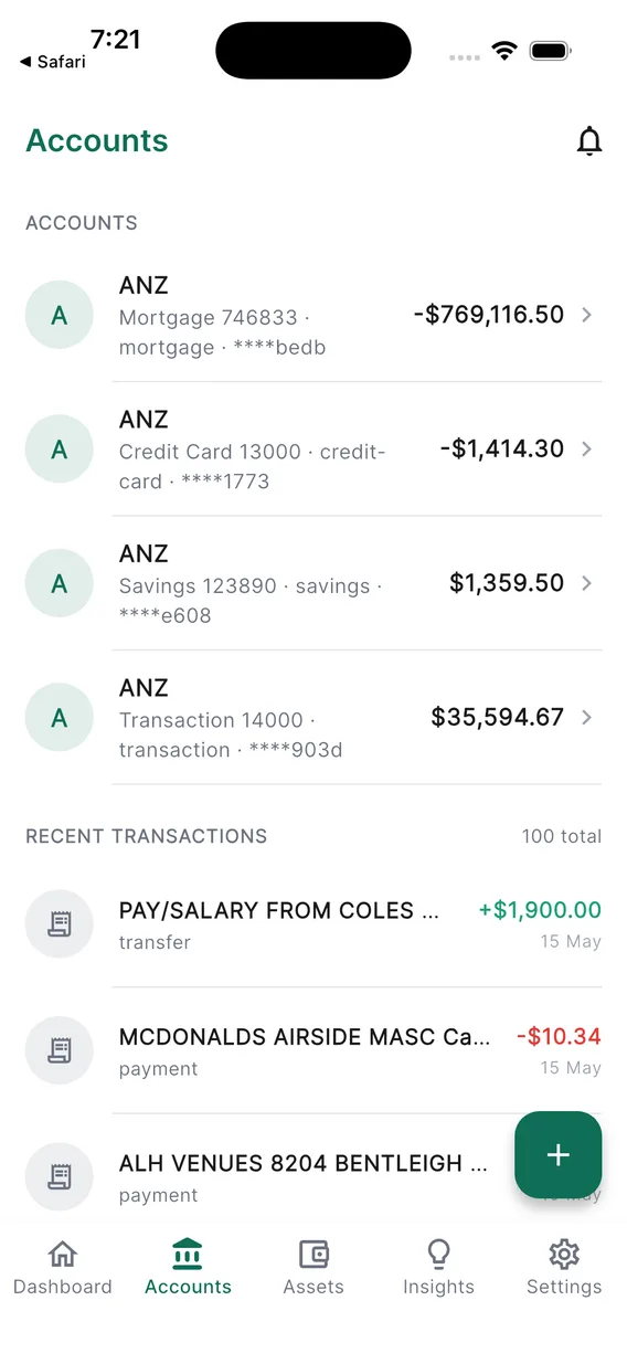 MyPelican accounts view showing connected Australian bank accounts