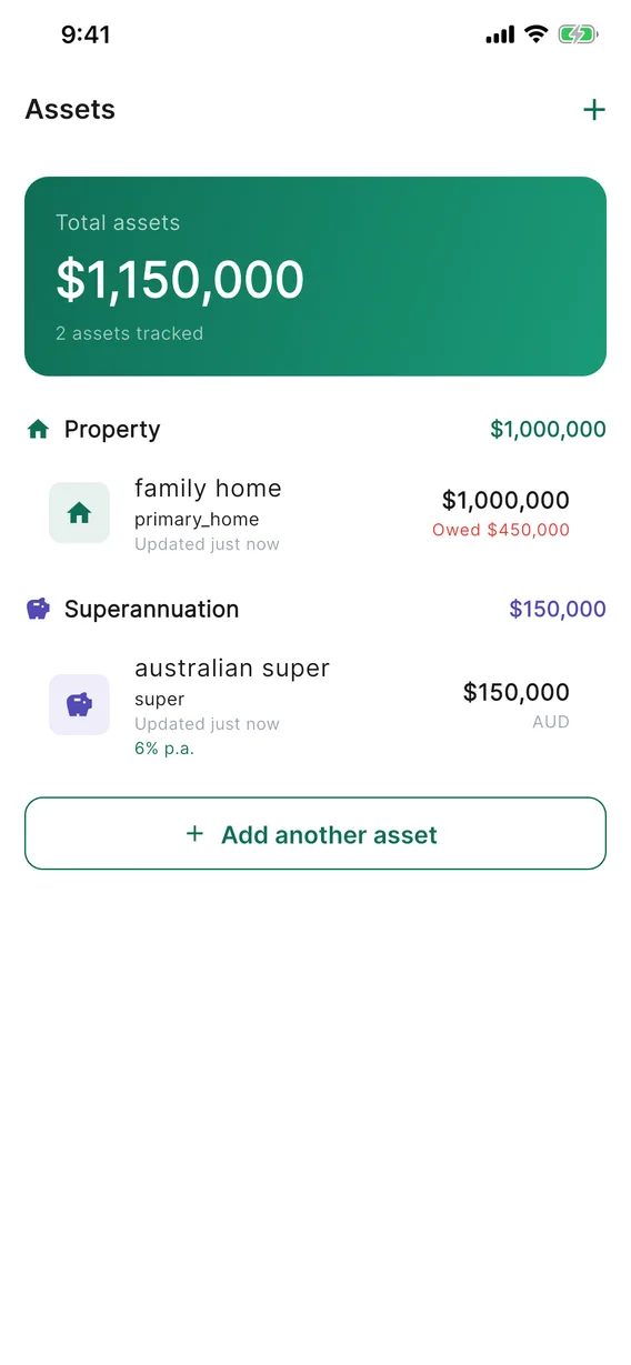 MyPelican assets tracker showing property, super and shares net worth