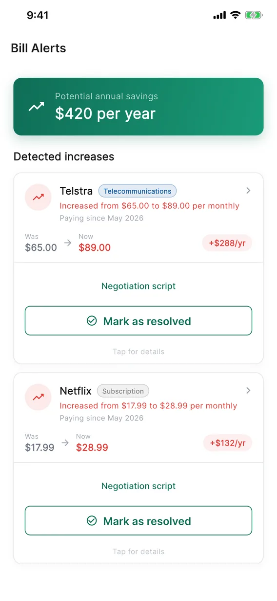 MyPelican bill alerts showing detected bill increases and potential annual savings