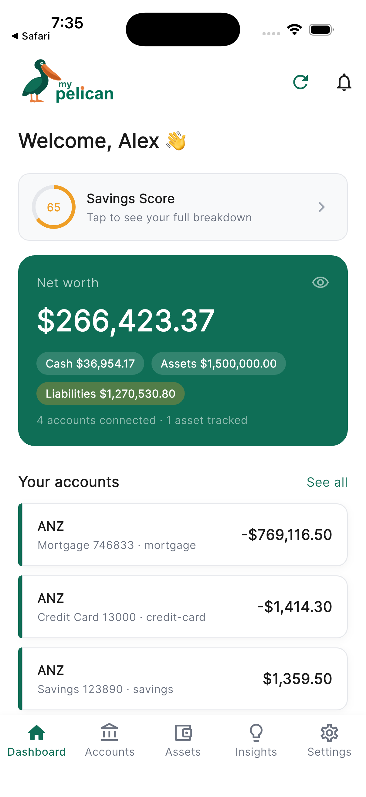 MyPelican dashboard showing net worth and savings score
