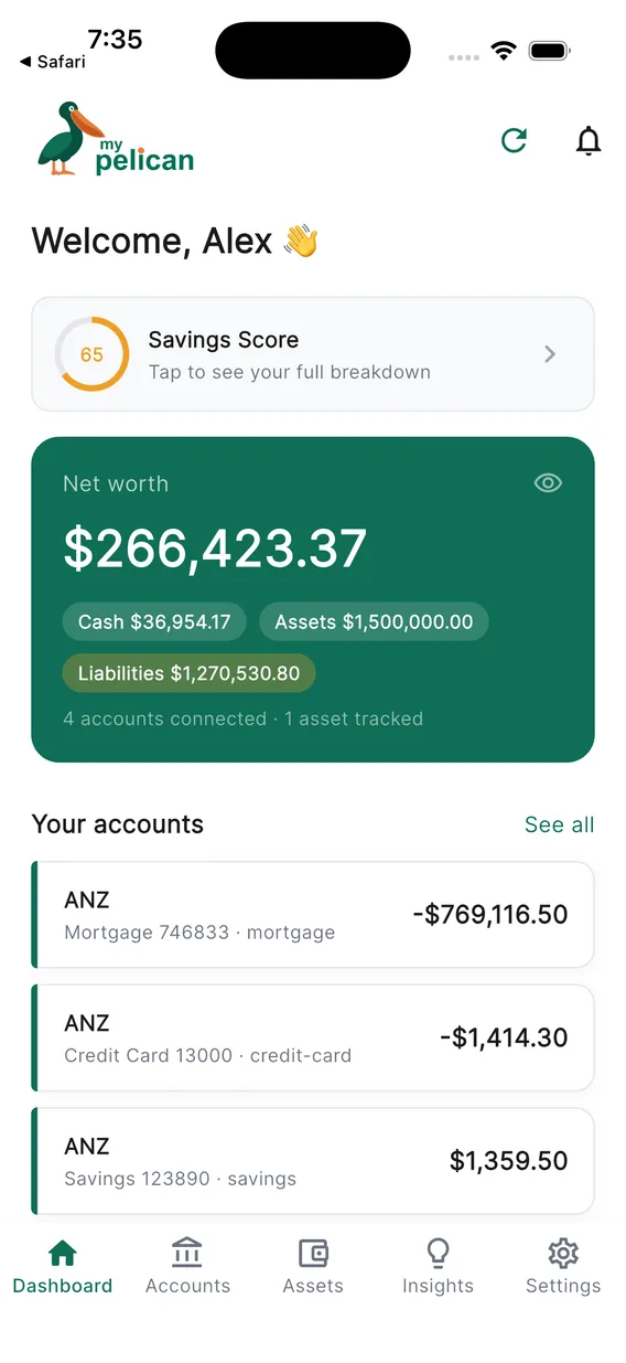 MyPelican dashboard showing net worth and savings score