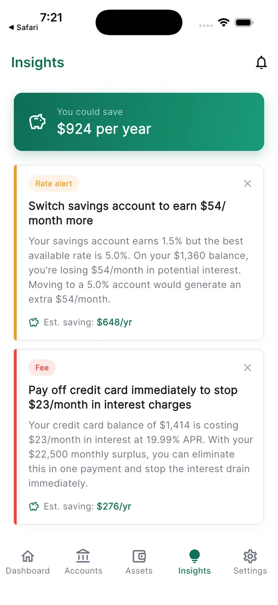 MyPelican AI insights showing hidden savings found across bank accounts